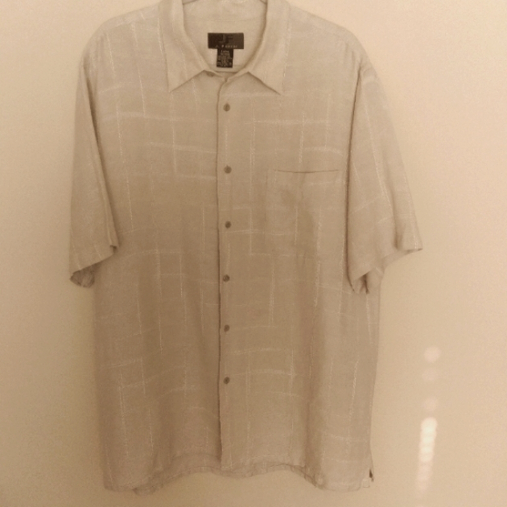 J. Ferrar Linen Summer‎ Camp Shirt Beige Cool Flowy  Window Pane Pattern Large